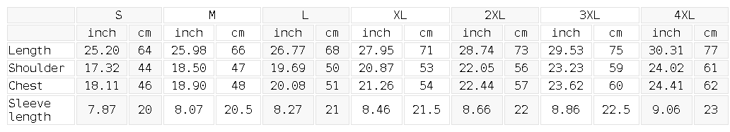 Size chart for the Unisex Regular Fit Cotton T-Shirt