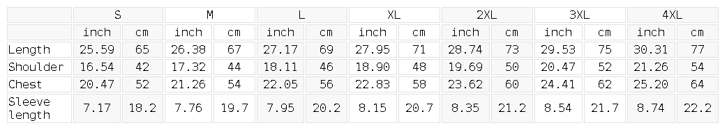 Size chart for the Unisex Regular Fit Crewneck T-Shirt