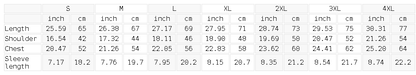 Size chart for the Unisex Regular Fit Crewneck T-Shirt
