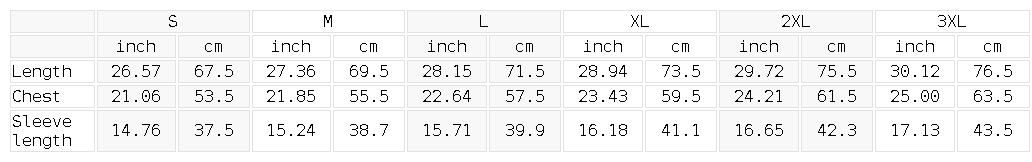 Size chart for the Unisex Regular Fit Polo Shirt