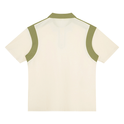Unisex Retro Patchwork Quarter Zip Polo Shirt in apricot with light green, alternate angle