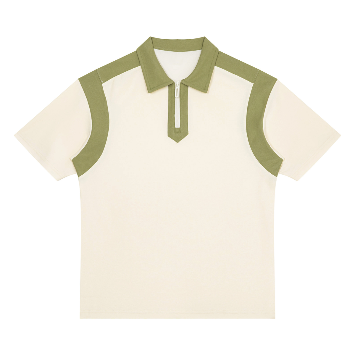 Unisex Retro Patchwork Quarter Zip Polo Shirt in apricot with light green