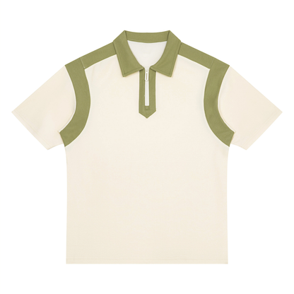 Unisex Retro Patchwork Quarter Zip Polo Shirt in apricot with light green