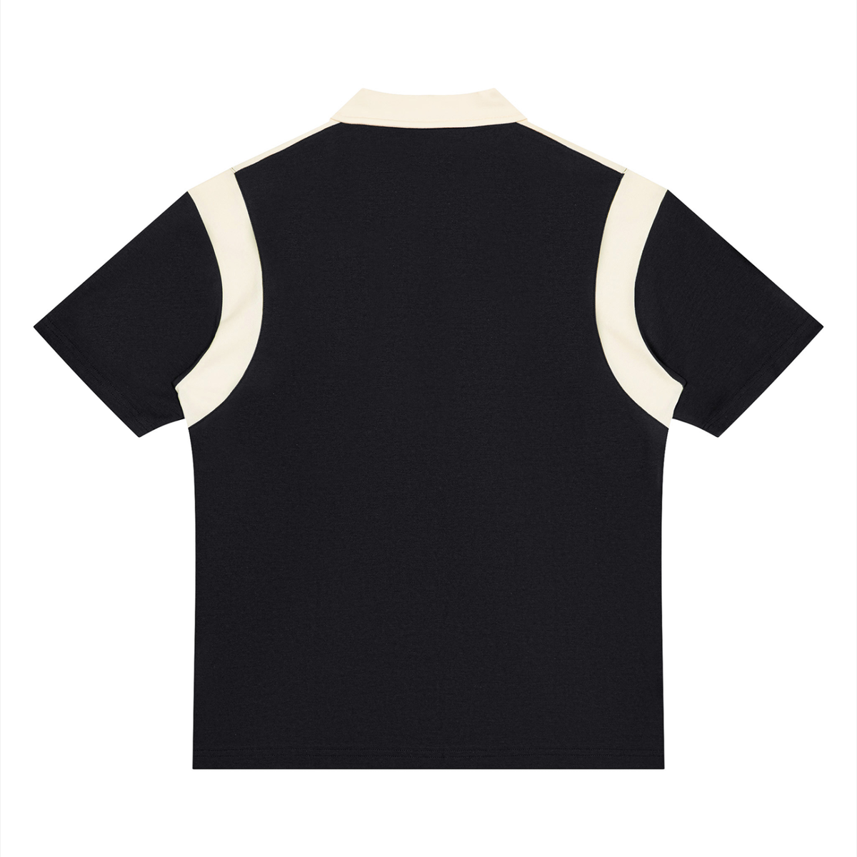Unisex Retro Patchwork Quarter Zip Polo Shirt in black with apricot, alternate angle