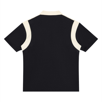 Unisex Retro Patchwork Quarter Zip Polo Shirt in black with apricot, alternate angle