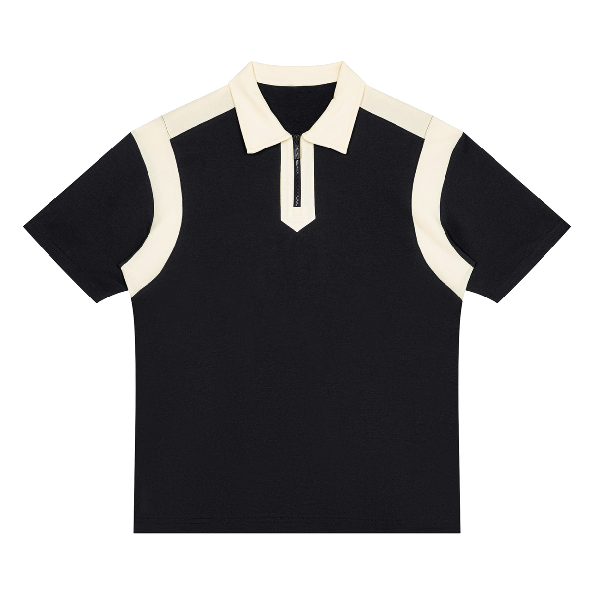 Unisex Retro Patchwork Quarter Zip Polo Shirt in black with apricot