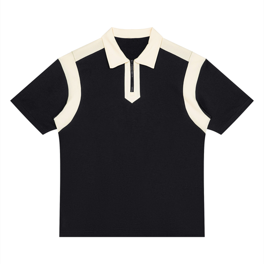 Unisex Retro Patchwork Quarter Zip Polo Shirt in black with apricot