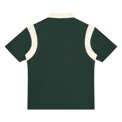 Unisex Retro Patchwork Quarter Zip Polo Shirt in blackish green with apricot, alternate angle