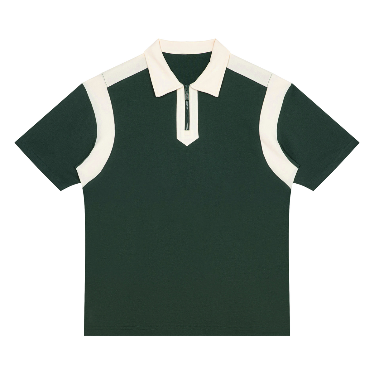 Unisex Retro Patchwork Quarter Zip Polo Shirt in blackish green with apricot