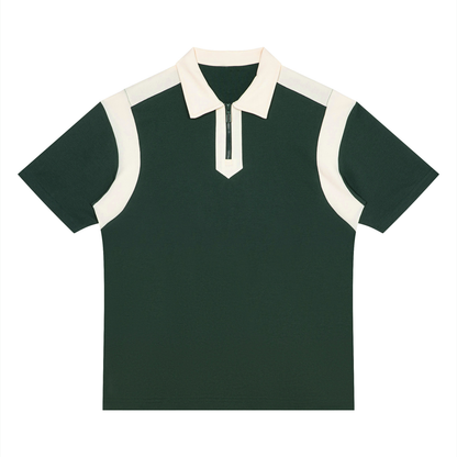 Unisex Retro Patchwork Quarter Zip Polo Shirt in blackish green with apricot