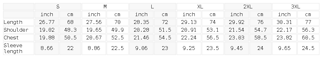 Size chart for the Unisex Retro Patchwork Quarter Zip Polo Shirt