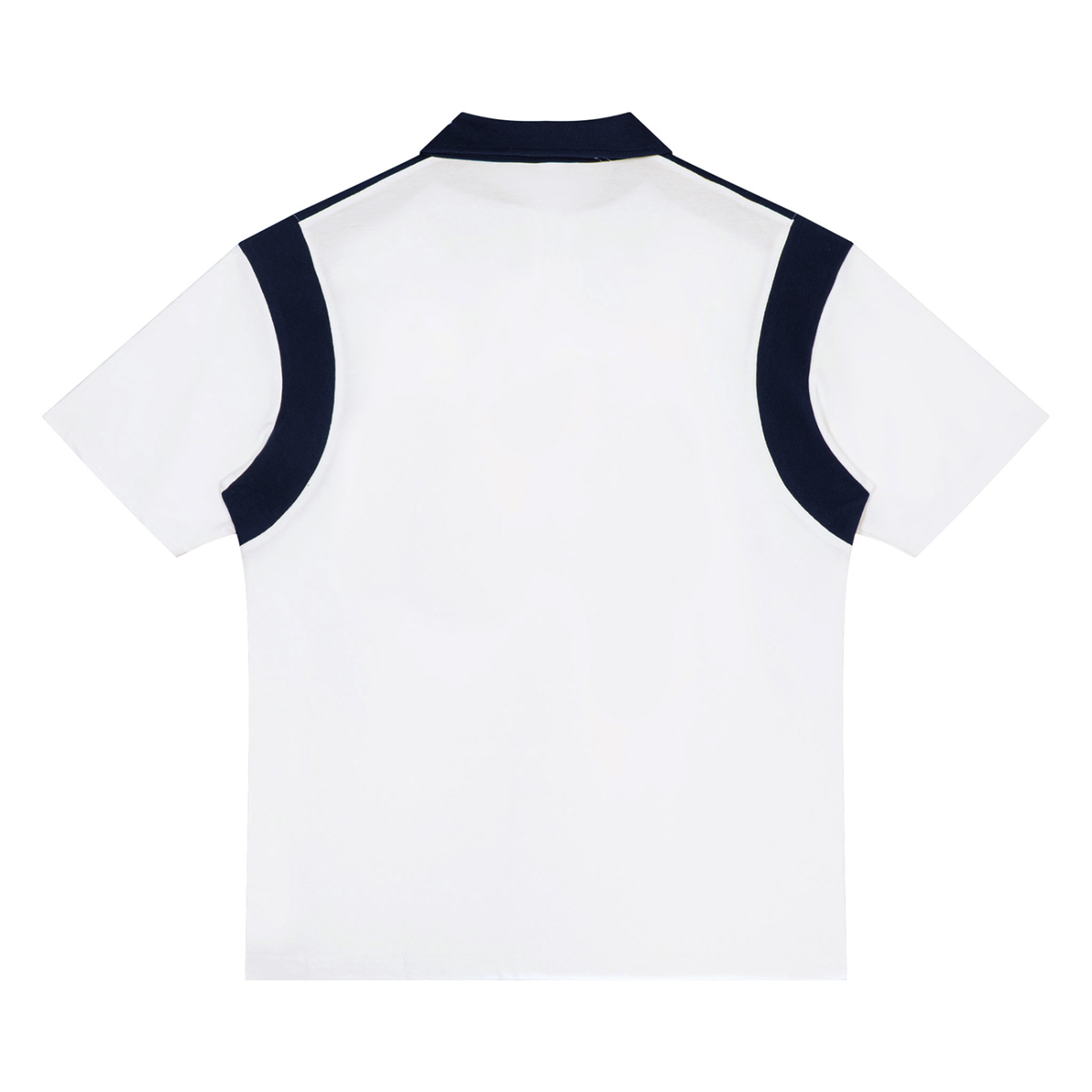 Unisex Retro Patchwork Quarter Zip Polo Shirt in white with navy blue, alternate angle