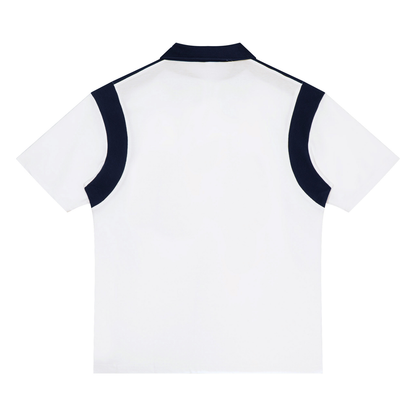 Unisex Retro Patchwork Quarter Zip Polo Shirt in white with navy blue, alternate angle
