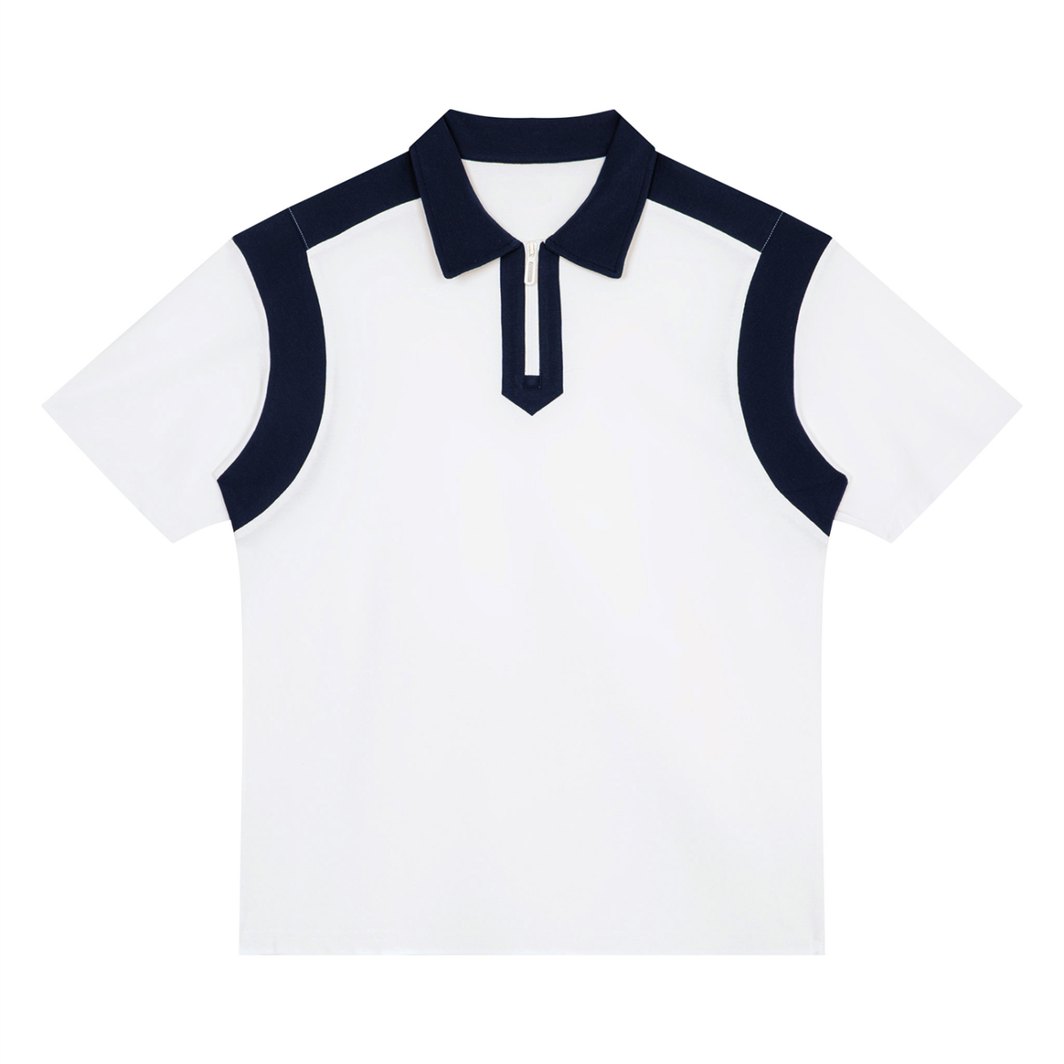 Unisex Retro Patchwork Quarter Zip Polo Shirt in white with navy blue