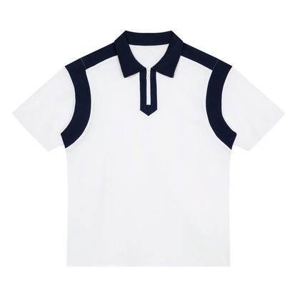 Unisex Retro Patchwork Quarter Zip Polo Shirt in white with navy blue