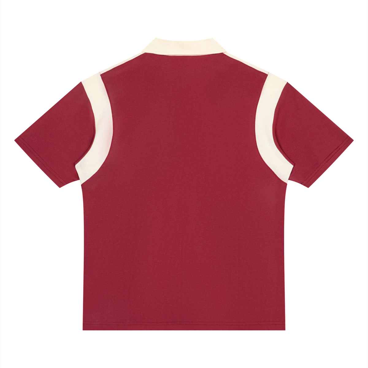 Unisex Retro Patchwork Quarter Zip Polo Shirt in wine red with apricot, alternate angle