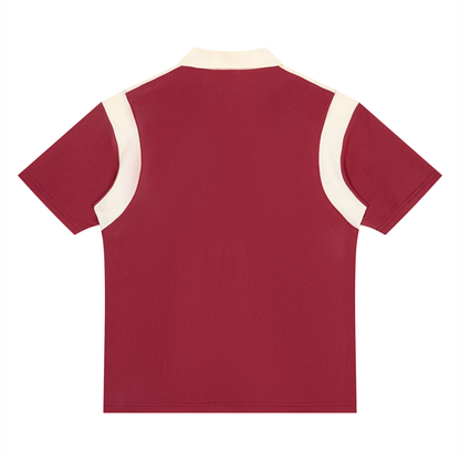 Unisex Retro Patchwork Quarter Zip Polo Shirt in wine red with apricot, alternate angle