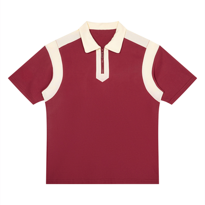 Unisex Retro Patchwork Quarter Zip Polo Shirt in wine red with apricot