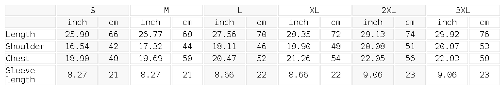 Size chart for the Unisex Seamless Cotton T-Shirt