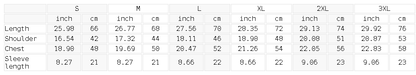 Size chart for the Unisex Seamless Cotton T-Shirt