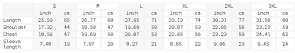 Size chart for the Unisex Seamless T-Shirt