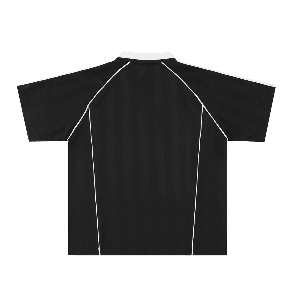 Unisex Shadow Stripe Collared Soccer Jersey in black with white, alternate angle