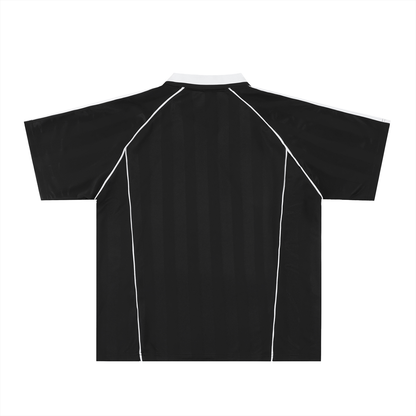 Unisex Shadow Stripe Collared Soccer Jersey in black with white, alternate angle