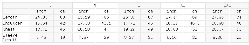 Size chart for the Unisex Slim Fit Cotton Spandex T-Shirt