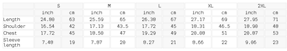 Size chart for the Unisex Slim Fit Cotton Spandex T-Shirt