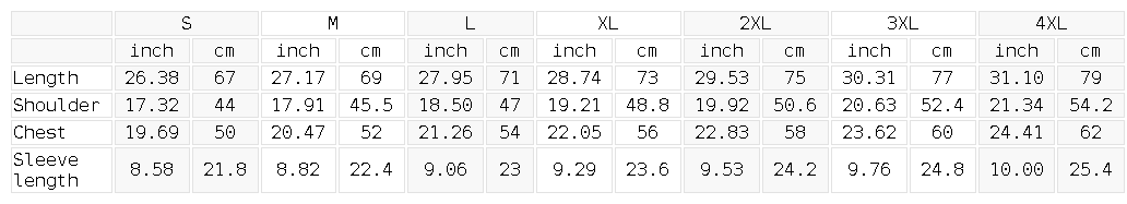 Size chart for the Unisex Slim Fit Crewneck T-Shirt
