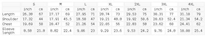 Size chart for the Unisex Slim Fit Crewneck T-Shirt