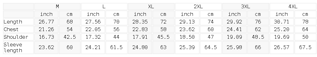 Size chart for the Unisex Slim Fit Long Sleeve T-Shirt