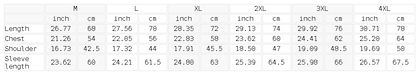 Size chart for the Unisex Slim Fit Long Sleeve T-Shirt