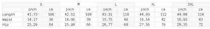 Size chart for the Unisex Snow Wash Drawstring Cotton Pants