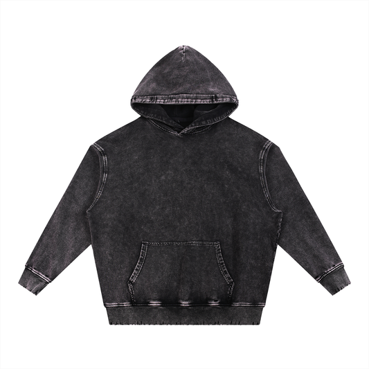 Unisex Snow Wash Hand-Frayed Heavyweight Hoodie in black
