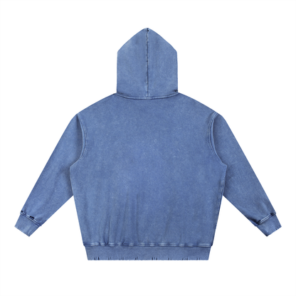 Unisex Snow Wash Hand-Frayed Heavyweight Hoodie in royal blue, alternate angle