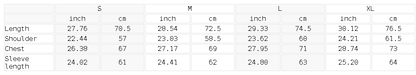 Size chart for the Unisex Snow Wash Oversized Hoodie