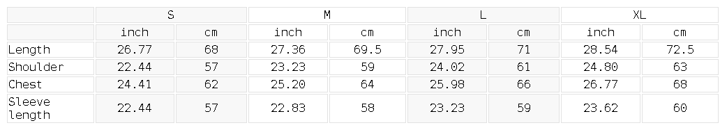 Size chart for the Unisex Snow Wash Oversized Zip-Up Hoodie