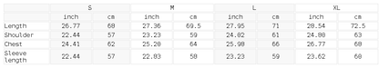 Size chart for the Unisex Snow Wash Oversized Zip-Up Hoodie