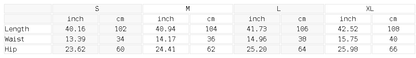 Size chart for the Unisex Snow Washed Contrast Tape Sweatpants