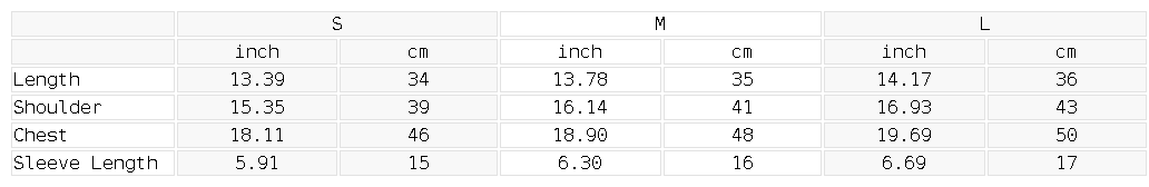 Size chart for the Unisex Snow Washed Crop Top