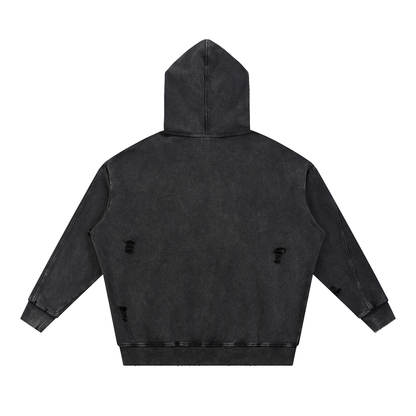 Unisex Snow Washed Distressed Panel Pocket Hoodie in black, alternate angle