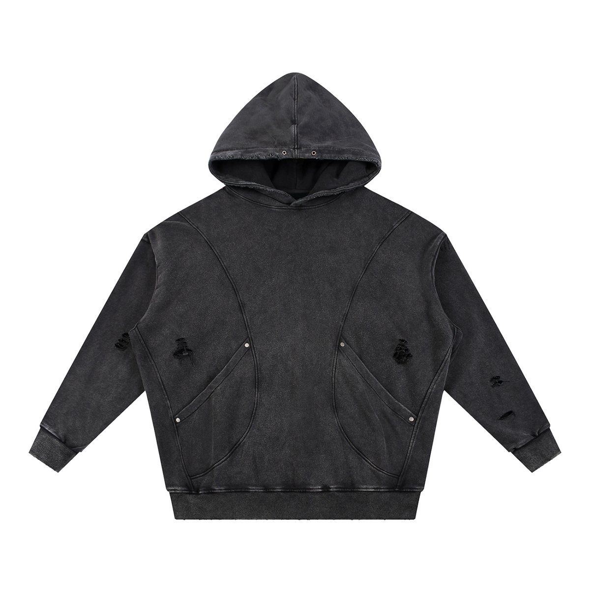 Unisex Snow Washed Distressed Panel Pocket Hoodie in black