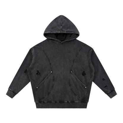 Unisex Snow Washed Distressed Panel Pocket Hoodie in black