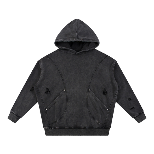 Unisex Snow Washed Distressed Panel Pocket Hoodie in black