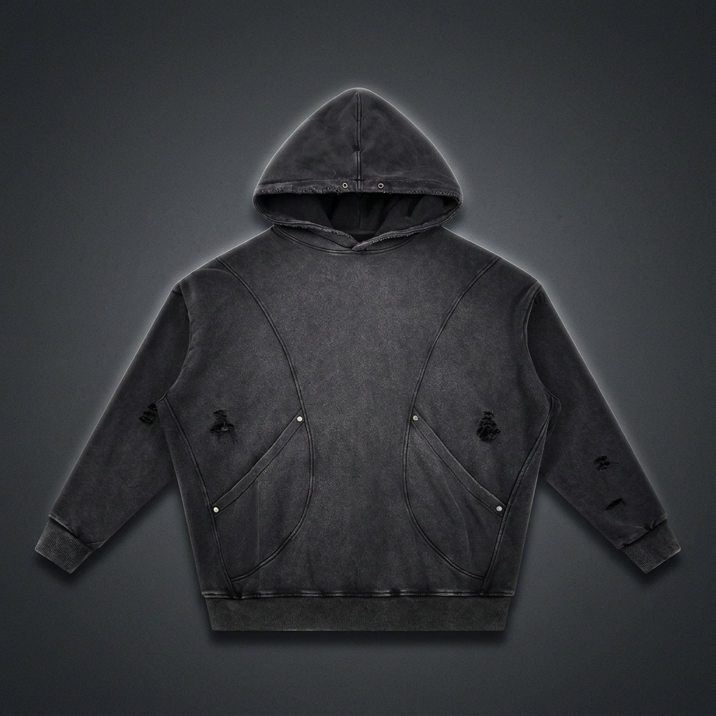 Unisex Snow Washed Distressed Panel Pocket Hoodie