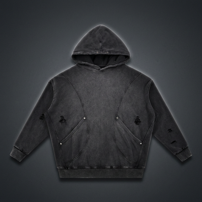 Unisex Snow Washed Distressed Panel Pocket Hoodie