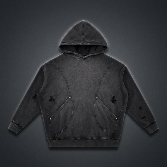 Unisex Snow Washed Distressed Panel Pocket Hoodie