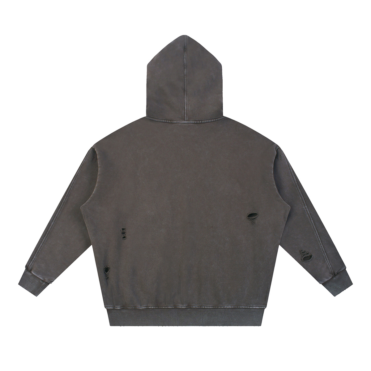 Unisex Snow Washed Distressed Panel Pocket Hoodie in coffee, alternate angle