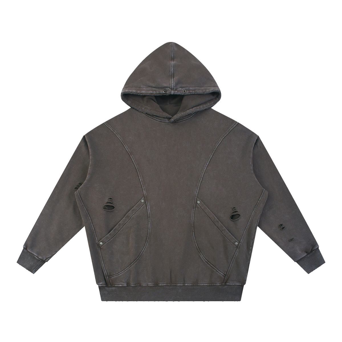 Unisex Snow Washed Distressed Panel Pocket Hoodie in coffee